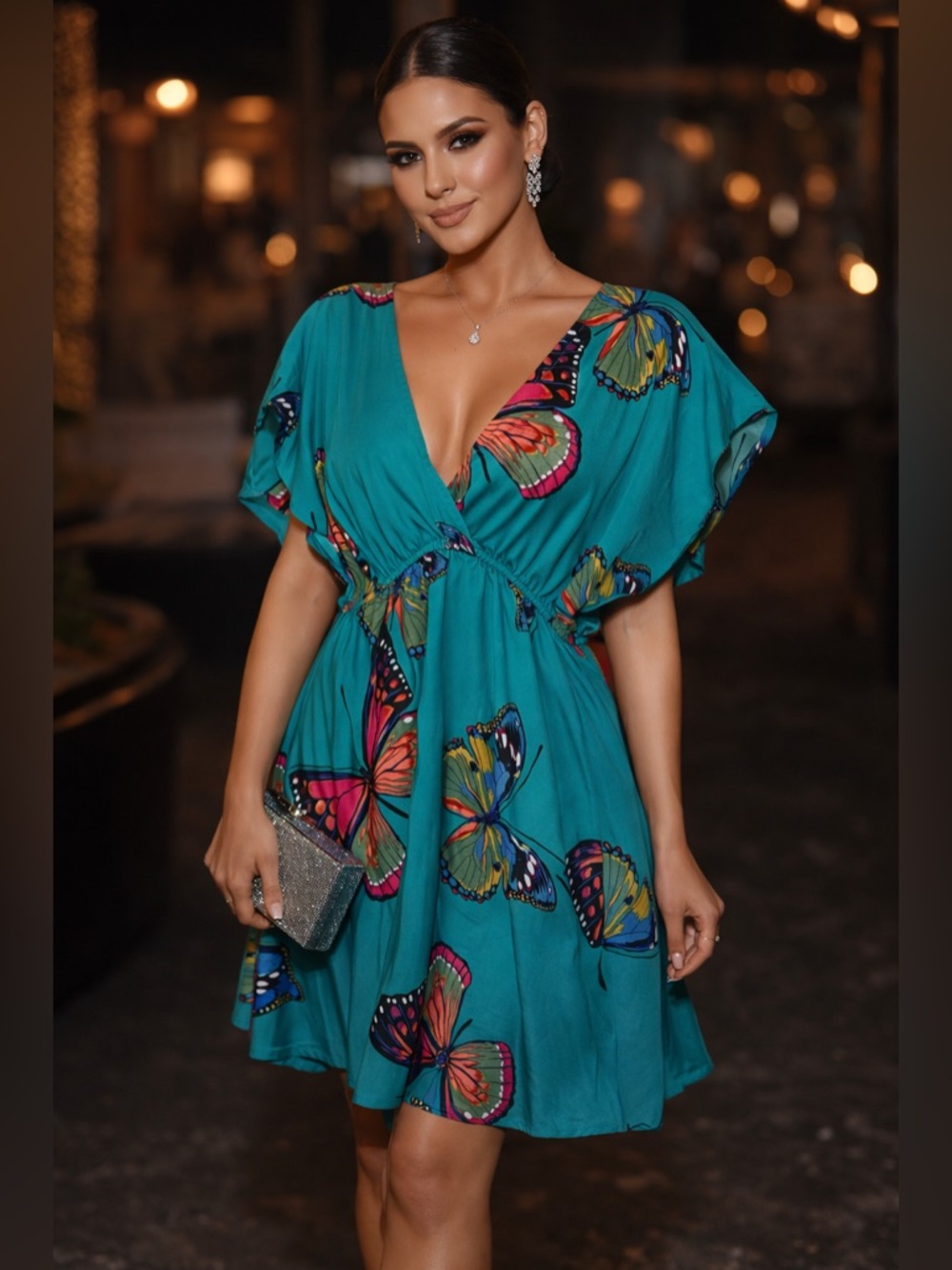 Teal Butterfly Print V-Neck Short Dress size M festival fairycore
